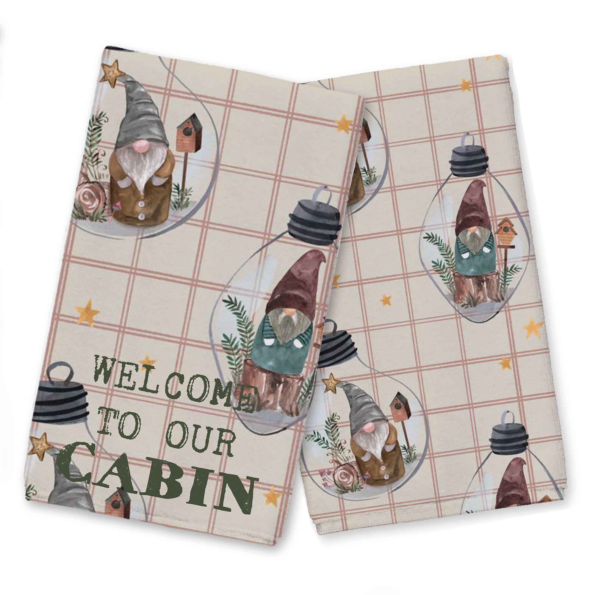 Welcome to our Cabin Cream and Red Check Gnome Globe Pattern Tea Towel - Set of 2